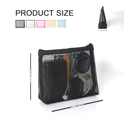 patu Widened Zipper Mesh Bags, Size M, 7" x 5.5" x 2", 5 Pieces, Beauty Makeup Cosmetic Accessories Organizer, Travel Toiletry Kit Set Storage Pouch, Black - size: M, Widened (7" x 5.5" x 2", 5 pcs)