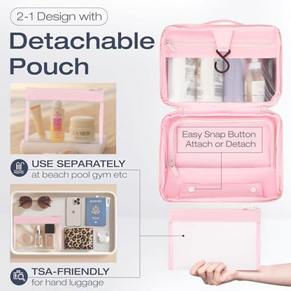KAZAY Hanging Toiletry Bag with TSA Approved Detachable Pouch, Compact Travel Size Bag, Travel Toiletry Bag, Water Resistant, Premium Nylon, Travel Size Toiletries, Cosmetic Bag Makeup Bag (Pink) - color: Pink