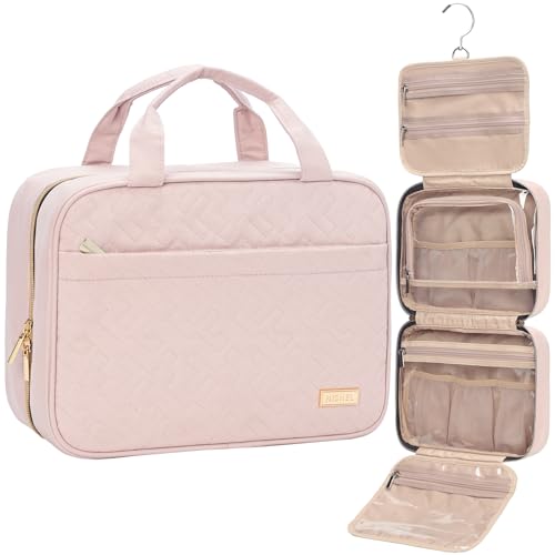 NISHEL Travel Toiletry Bag for women, Portable Hanging Organizer for Travel-Sized Shampoo, Conditioner, Brushes Set, makeup Accessories, Medium Size, Pink - color: Pink, size: Medium