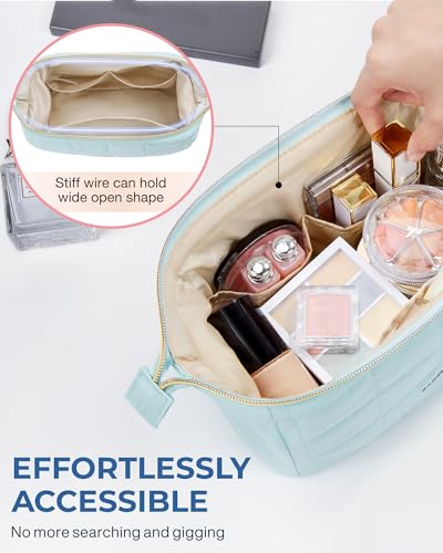 BAGSMART Makeup Bag Travel Toiletry Bag, Puffy Padded Make Up Bags for Women Makeup Organizer Case, Wide-open Pouch Purse Travel Essentials Toiletries Accessories Brushes, Light Blue - color: 13-Mint Green