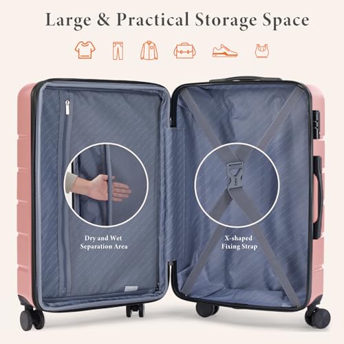 Sweetcrispy 3 Piece Luggage Set, Hard Shell ABS Travel Suitcase with Silent Spinner Wheels, TSA Combination Lock, Lightweight Rolling Suitcases for Business Trip Vacation, Pink, 20/24/28 Inch - color: Pink, size: 3-PCS Set (20/24/28 Inch)