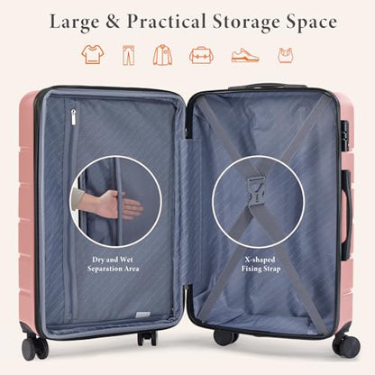 Sweetcrispy 28 Inch Checked Luggage, ABS Lightweight Rolling Hard Shell Suitcase with Smooth Spinner Wheels, Built-in TSA Lock, Durable Travel Suitcase for Business and Vacation Trip, Pink - color: Pink, size: 28 Inch
