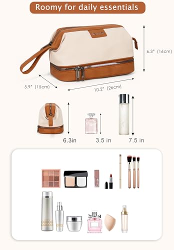 Double-Layer Toiletry Bag, Water-Resistant Hybrid Leather Cosmetic Organizer with Wet/Dry Compartments, 26x15x16cm (Ivory, Double layer) - color: Ivory