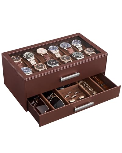 ProCase 12-Slot Watch Box, 2-Tier Pull-Out Drawers Display Case for Men, Fathers Day Gift for Dad Men with Clear Top Lid, Jewelry Sunglass Storage Organizer, Anniversary Birthday Gifts -Espresso - color: Espresso, size: 12-Slot