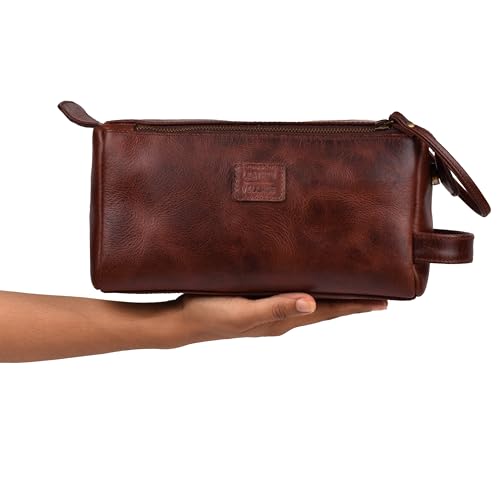 LEATHER VILLAGE Genuine Leather Travel Toiletry Bag - Water-Resistant Dopp Kit for Toiletries, Large Shaving Bag & Bathroom Organizer - Gift for Men & Women - Cherry Brown - color: Cherry Brown