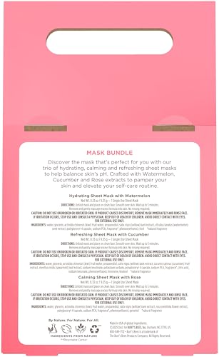 Burt's Bees Mothers Day Gifts, Face Mask Bundle Set, Hydrating Watermelon, Calming Rose, & Refreshing Cucumber, Face Sheet Masks for Single Use Skin Care, 99% Natural Origin, 3 Count, 0.33oz Each - size: 3 Count