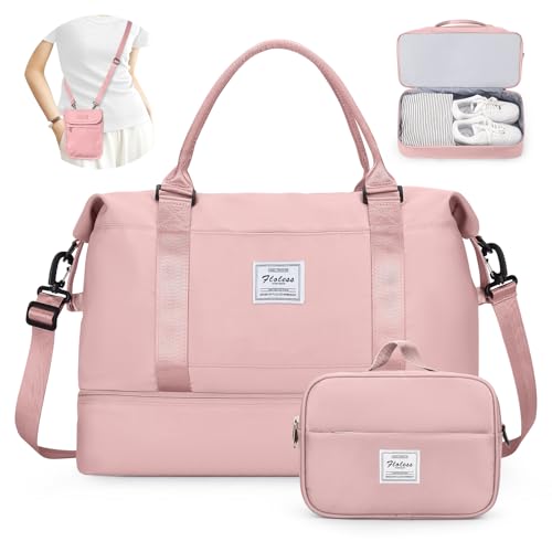 SYCNB Weekender Bags for Women,Personal Item Travel Bag with Shoes Compartment,Overnight Travel Duffel Bag with Separate Toiletry Bag&Mini Crossbody Bag,Gym Bag - color: C-Pink-3pcs, size: Large