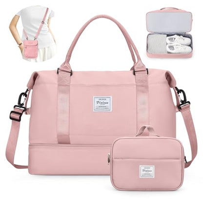 SYCNB Weekender Bags for Women,Personal Item Travel Bag with Shoes Compartment,Overnight Travel Duffel Bag with Separate Toiletry Bag&Mini Crossbody Bag,Gym Bag - color: C-Pink-3pcs, size: Large
