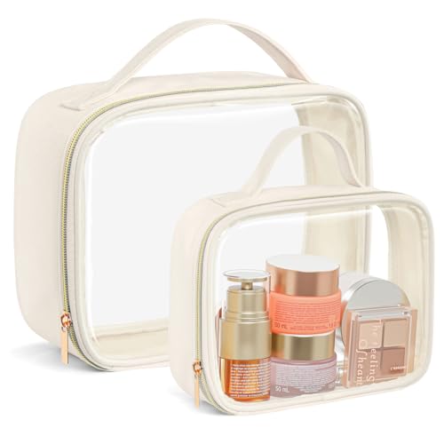 PACKISM Clear Makeup Bag Combo Pack, 1 TSA Approved Medium & Large for Checked Luggage, Clear Toiletry Bag with Handle, Water-resistant Travel Essentials Organizer, Creamy Off-White - color: 01 Creamy Off-White, size: Full Vacation (Mixed Sizes)
