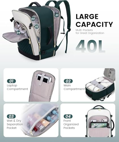 LOVEVOOK Large Travel Backpack for Women, TSA Carry on Backpack for Airplanes, 40L Personal Item Travel Bag for Women fits 17" Laptop,Waterproof Carry on Bag Airplane Approved with 3 Packing Cubes - color: Deep Water Green, size: 40L-4Pcs