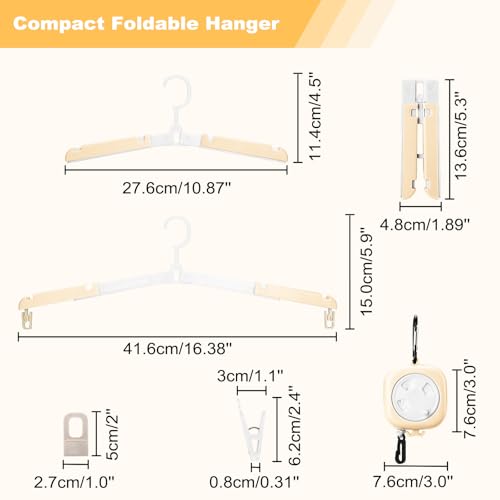 6 Pack Fodable Travel Hangers with Clips & Adjustable Clothesline, Portable Collapsible Hangers with Storage Bag for Suitcase, Hotel, RV, Cruise Essentials Set (Beige) - color: Beige