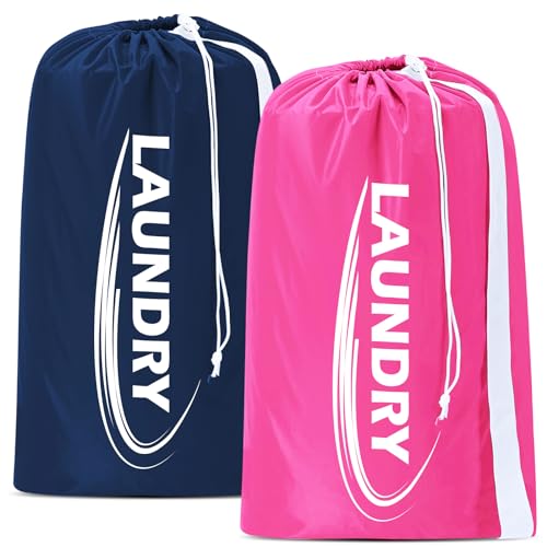 Sylfairy 2 Pack XL Laundry Bag with Strap,Heavy Duty Travel Laundry Bag,Rip-Stop Dirty Clothes Shoulder Bag with Drawstring,Easy Fit a Laundry Hamper or Basket Travel Essentials - color: Rose red+Navy blue
