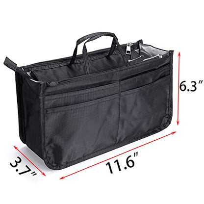 BTSKY Printing Handbag Organizers Inside Purse Insert - High Capacity 13 Pockets Bag Tote Organizer with Handle (Black) - color: Black