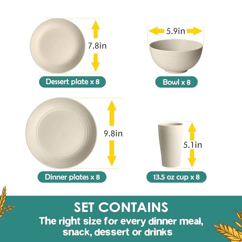 Teivio 32-Piece Kitchen Plastic Wheat Straw Dinnerware Set, Service for 8, Dinner Plates, Dessert Plate, Cereal Bowls, Cups, Unbreakable Plastic Outdoor Camping Dishes, Beige - color: Beige