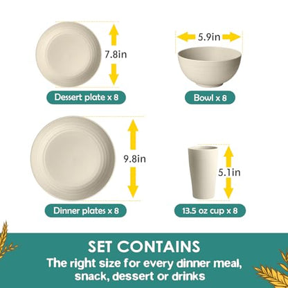 Teivio 32-Piece Kitchen Plastic Wheat Straw Dinnerware Set, Service for 8, Dinner Plates, Dessert Plate, Cereal Bowls, Cups, Unbreakable Plastic Outdoor Camping Dishes, Beige - color: Beige