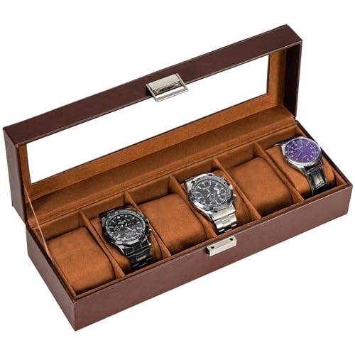 ProCase Watch Box, Fathers Day Gift for Dad, 6 Slot Mens Watch Case, Watch Storage Holder Organizer, Watch Display Case with Glass Lid, Anniversary Birthday Gifts -6 Slot, Espresso - color: Espresso, size: 6-Slot