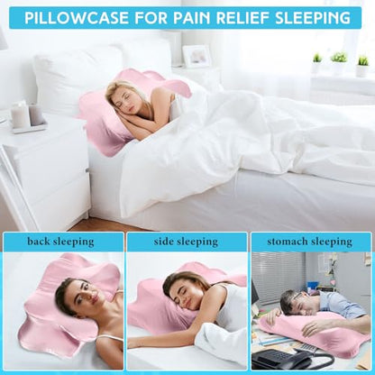 Hahafelt Cooling Cervical Neck Pillowcase Cover (Only Pillow Case) Ergonomic Pillowcase with Zipper Breathable Contour Pillow Cover for Side Back Stomach Sleepers(Pink,Queen Size) - color: Pink, size: Queen