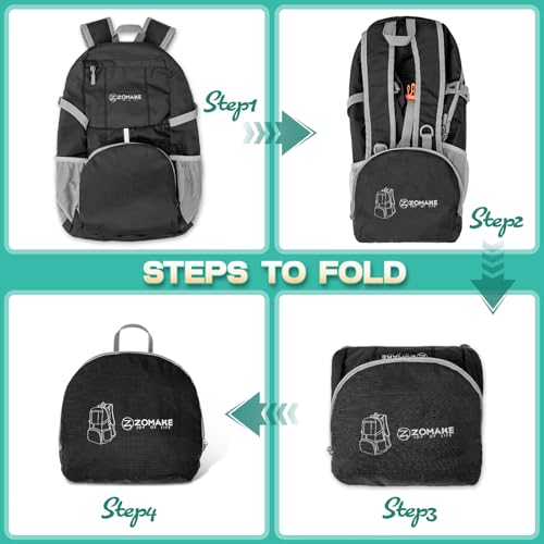 ZOMAKE Lightweight Packable Backpack 35L, Light Foldable Backpacks Water Resistant Collapsible Hiking Bag, Compact Folding Day Pack for Travel Camping(Graphite black) - color: Graphite Black