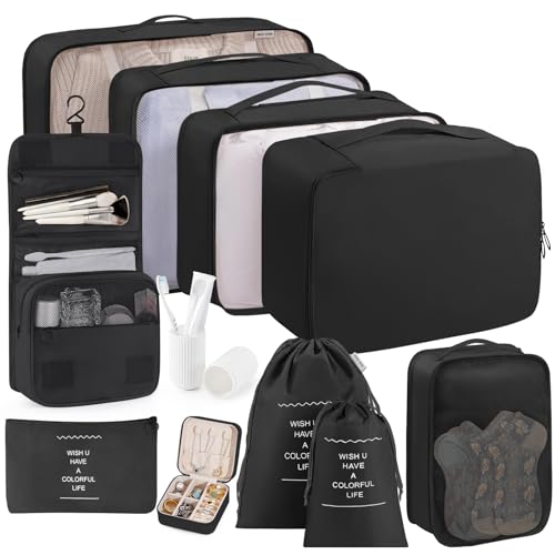 Packing Cubes 11 Set, Suitcase Organizers, Luggage Organizer Bags, with Toiletry Bag, Travel Essentials, Black - color: Black