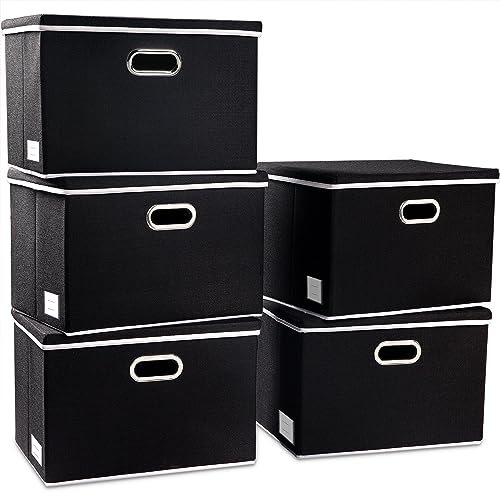 PRANDOM Foldable Storage Bin with Lid [5-Pack] Linen Fabric Decorative Storage Box Organizer Container Basket Cube with Handles Divider for Closet Office Living Room Black(14.9x9.8x9.8) - color: Black, size: M(5-Pack)