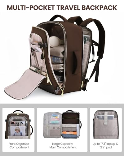 LOVEVOOK Travel Backpack for Women, 40L Carry On Backpack Flight Approved, Large Personal Item Bag Fits 17 inch Laptop, TSA Approved Luggage with 3 Packing Cubes,Waterproof Weekender Gym Essentials - color: Apricot-coffee, size: 40L
