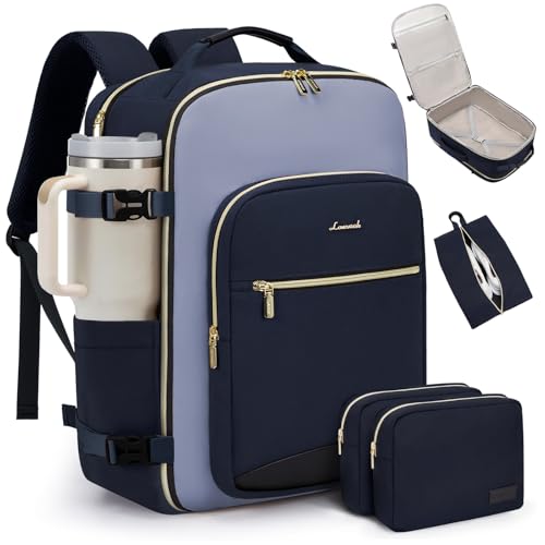 LOVEVOOK 40L Travel Backpack for Women & Men, Airline Approved Carry On Luggage with 3 Packing Cubes, TSA Overnight Bags, Waterproof Personal Item Bag, Weekender Essentials Backpacks fits 17" Laptop - color: Ink Blue-grey Blue-black, size: Large