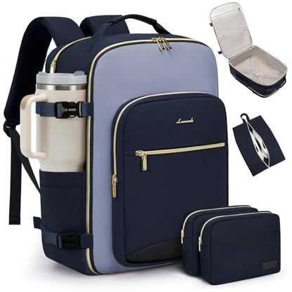LOVEVOOK 50L Travel Backpack for Women & Men, Airline Approved Carry On Luggage with 3 Packing Cubes, TSA Overnight Bags, Waterproof Personal Item Bag, Weekender Essentials Backpacks fits 17" Laptop - color: Ink Blue-grey Blue-black, size: X-Large