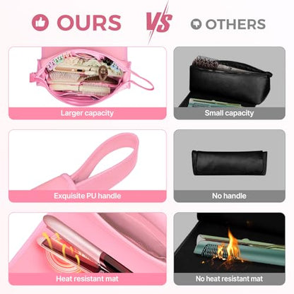 JKAOO Hair Tools Travel Bag and Heat Resistant Mat, 2 in 1 Portable Organizer Hair Travel Case for Curling Iron, Hair Straightener, Flat Irons, PU Hangable Handle, Neoprene (Sweet Pink) - color: Sweet Pink