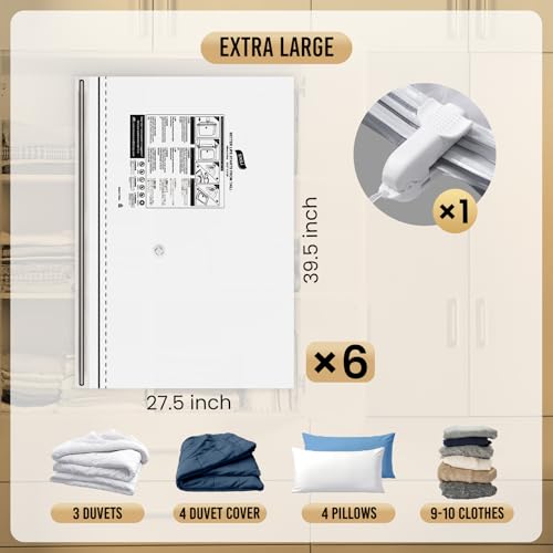 TAILI 6 Pack Vacuum Storage Bags, LONG SIDE ZIP (39x28 inch), Vacuum Seal Bags for Clothing, Jumbo Storage Space Saver for Beddings, Comforters, Blanket, Pillows and Clothes - size: 6 Jumbo
