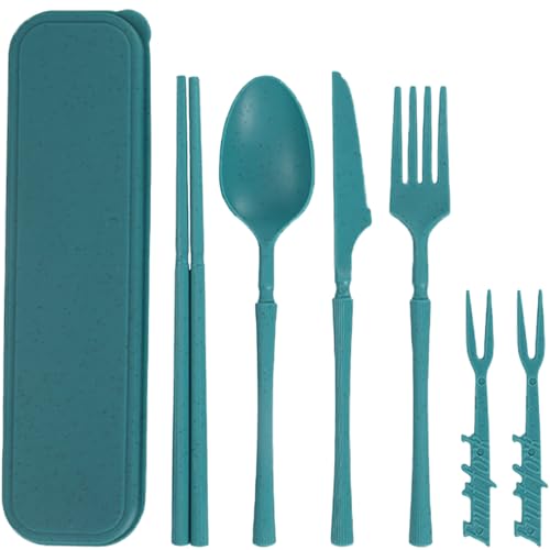 Reusable Travel Utensils Set with Case, Wheat Straw Portable Plastic Fork Spoon Knife Chopsticks Camping Cutlery, Eco-Friendly BPA Free Tableware Picnic Flatware for Kids Adults or Daily Use - color: Dark Green