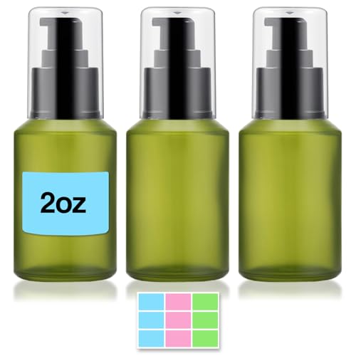 3PCS 60ML/2OZ Empty Green Frosted Glass Bottles with Pump Refillable Vial Cosmetic Dispenser Jars Storage Travel Lotion Container Portable Sample Bottle for Toiletries,Foundation,Cream,Gel,Lotion - color: Green, size: 2 OZ