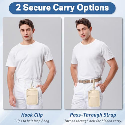 Hidden Travel Wallet Belt Wallet – Large Capacity Passport Holder & Hidden Money Pouch, 3-Zone Organizer Anti-Theft Waist Wallet with Dual Clip Belt & Carabiner - color: Apricot