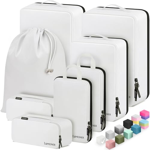 8 Set Compression Packing Cubes for Travel, Waterproof Luggage Organizers, Suitcase Organizer Set for Carry-On & Checked Baggage, Travel Accessories for Men & Women - color: 01-White
