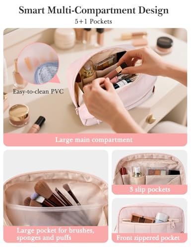 Noozion Makeup Bag Travel Toiletry Bag, Puffy Padded Cosmetic Bag for Women, Makeup Organizer Case, Wide-open Pouch Purse, Travel Essentials - color: Pink
