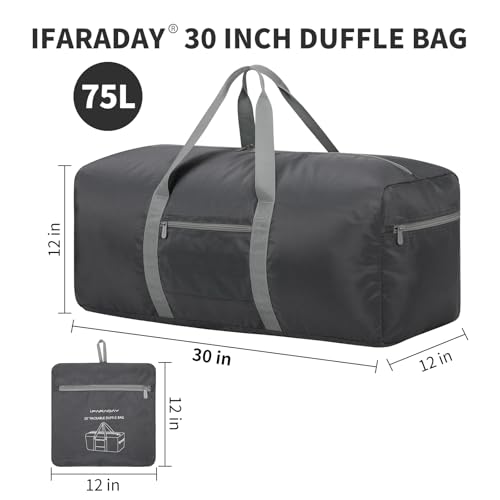 iFARADAY Foldable Duffle Bag for Travel - 75L Large Spare Travel Duffel Bag Lightweight with Trolley Sleeve - Grey - color: Grey