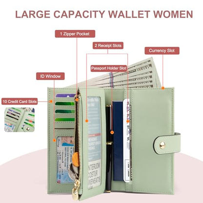 yiijay Wallets for Women RFID Blocking Leather Trifold Clutch Wallet Credit Card Holder Ladies Travel Wallet Purse with Pen Holder - color: 1Green