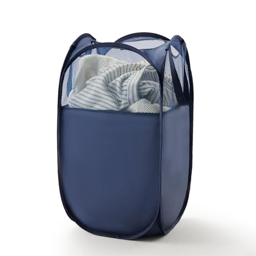 TECHMILLY Pop Up Foldable Laundry Basket, Mesh Laundry Hamper with Reinforced Handles for Dirty Clothes Storage in Dorm, Laundry Room, Bathroom, Blue(Fabric) - color: Blue(fabric), size: 1 Pack