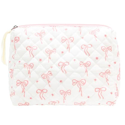 Quilted Makeup Bag Large Travel Zipper Soft Cosmetic Pouch for Women Girls Make Up,Bow Pink - color: Bow Pink, size: 1 PCS Pouch