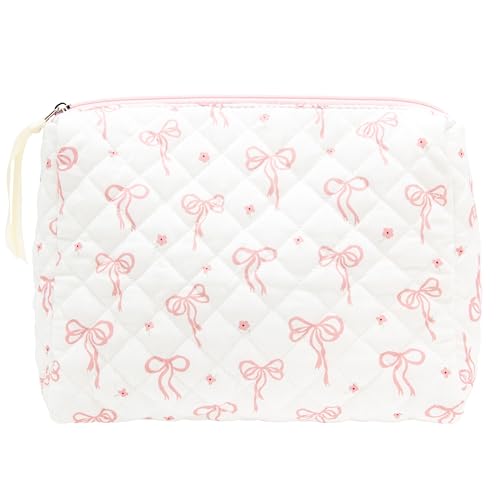 Quilted Makeup Bag Large Travel Zipper Soft Cosmetic Pouch for Women Girls Make Up,Bow Pink - color: Bow Pink, size: 1 PCS Pouch
