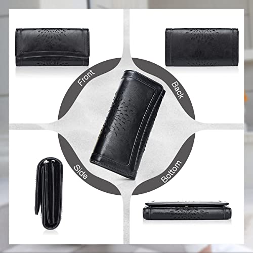 APHISON Womens Wallets RFID Blocking Leather Clutch Long Wallet for Women Card Holder Phone Organizer Ladies Travel Purse Hollow Out Sunflower Design Gift - color: BLACK