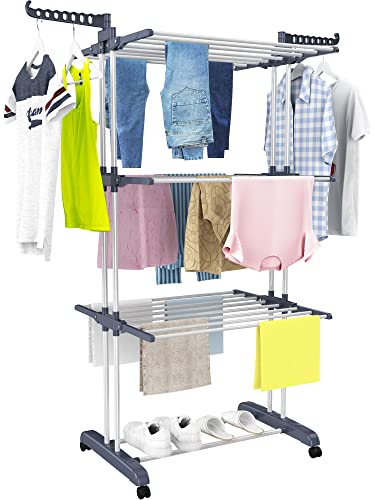HOMIDEC Clothes Drying Rack, Oversized 4-Tier(67.7" High) Foldable Stainless Steel Drying Rack Clothing, Movable Drying Rack with 4 castors, 24 Drying Poles and 14 Hooks for Bed Linen, Clothing, Grey - color: Gray