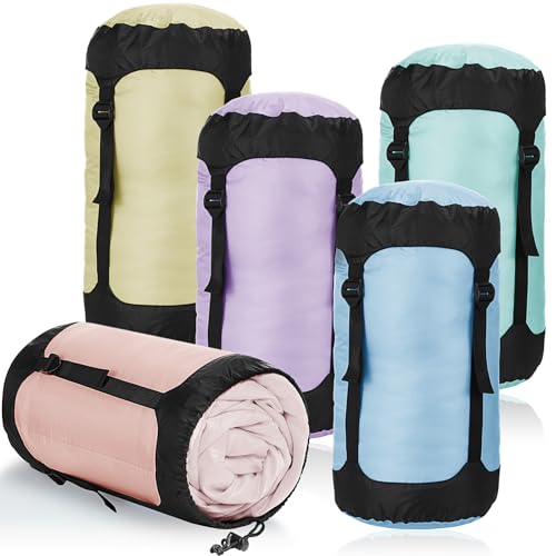 5 Pcs Compression Sacks for Backpacking 20L Camping Sleeping Bag Stuff Sacks for Backpacking Water Resistant Sleeping Bag Storage Sack for Space Saving Hiking Gear - color: Macaron Colors