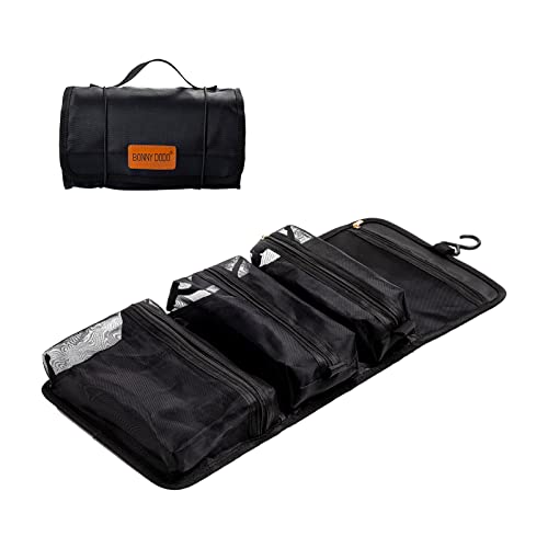 Toiletry Bag Can Hanging Small Roll-Up Makeup Organizer Bag with 3 Detachable Transparent Mesh Folding Cosmetic Travel Bags for Women & Men Black Toiletries Organizer Bag Gym Camping Grooming, Black - size: Small