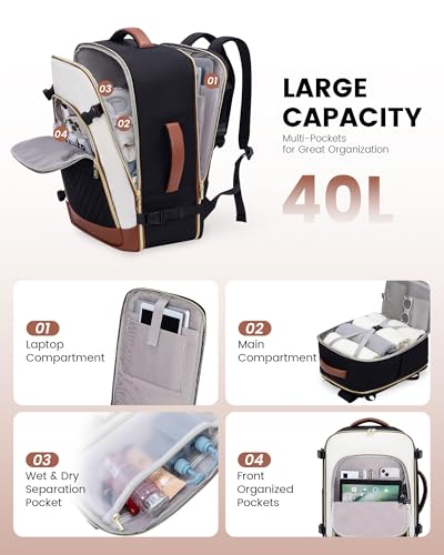 LOVEVOOK Large Travel Backpack for Women, TSA Carry on Backpack for Airplanes, 40L Personal Item Travel Bag for Women fits 17" Laptop,Waterproof Carry on Bag Airplane Approved with 3 Packing Cubes - color: Black - Beige - Brown, size: 40L-4Pcs