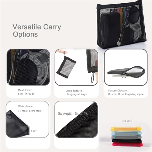 patu Widened Zipper Mesh Bags, Size M, 7" x 5.5" x 2", 5 Pieces, Beauty Makeup Cosmetic Accessories Organizer, Travel Toiletry Kit Set Storage Pouch, Black - size: M, Widened (7" x 5.5" x 2", 5 pcs)