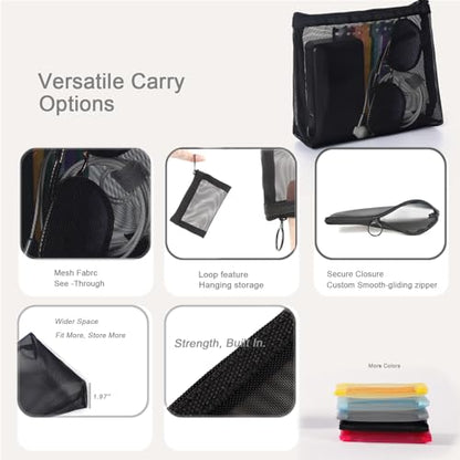 patu Widened Zipper Mesh Bags, Size M, 7" x 5.5" x 2", 5 Pieces, Beauty Makeup Cosmetic Accessories Organizer, Travel Toiletry Kit Set Storage Pouch, Black - size: M, Widened (7" x 5.5" x 2", 5 pcs)