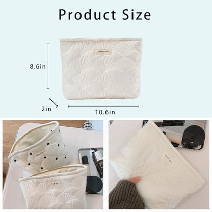 uekeboag White Quilted Cotton Makeup Pouch,Coquette Quilted Toiletry Bag for Women and Girls, Floral Coquette Organizer Bag, Aesthetic Travel Cosmetic Bags(03White Shells) - color: 03White Shells