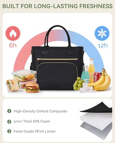 HOMESPON Insulated Lunch Bag Women Wide Opening Adult Lunch Box Large Leakproof Cooler Bag for Work Picnic Beach Family College Lunch Teacher Tote Bag with Adjustable Shoulder Strap Cup Holder(Black) - color: Black