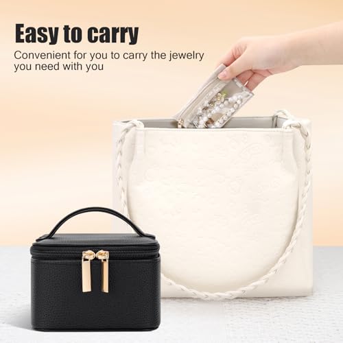 DesignSter Small Jewelry Box, Travel Small Jewelry Organizer with Earring Tray and Ring Holder, Square Travel Jewelry Storage Case with 6 Velvet Jewelry Pouches, Black - color: Black