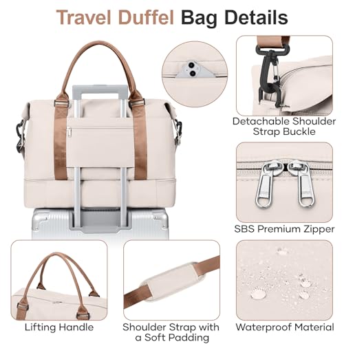 Overnight Weekender Bags for Women,Vacuum Travel Duffel Bag with Air Pump, Personal Item Travel Bag with Shoes Compartment & Compression Pocket,Beige & Brown - color: A-Beige & Brown with Air Pump, size: Large